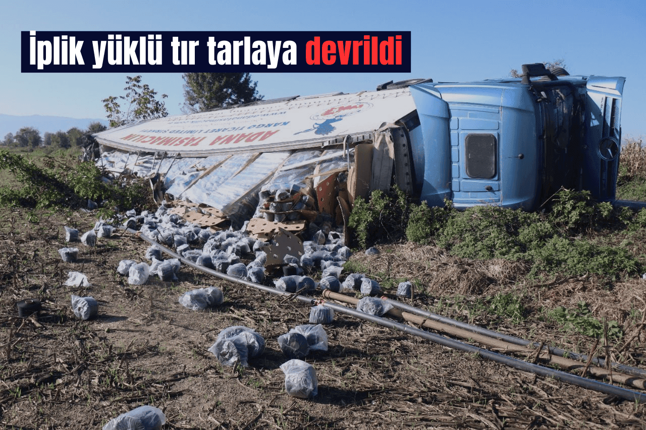 İplik yüklü tır tarlaya devrildi