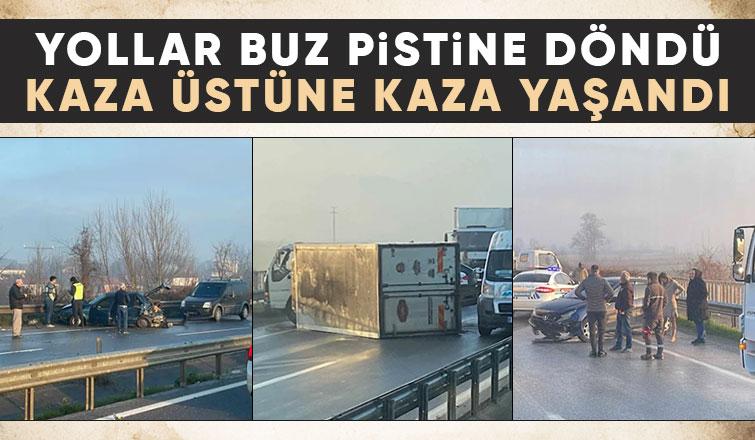 Kaynarca yolu buz pistine döndü araçlar kaza yaptı