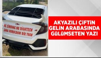 Akyazılı çiftin gelin arabasında gülümseten yazı