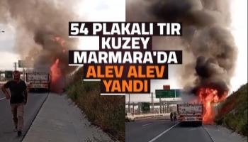 Otoyolda seyir halindeki tır alev alev yandı